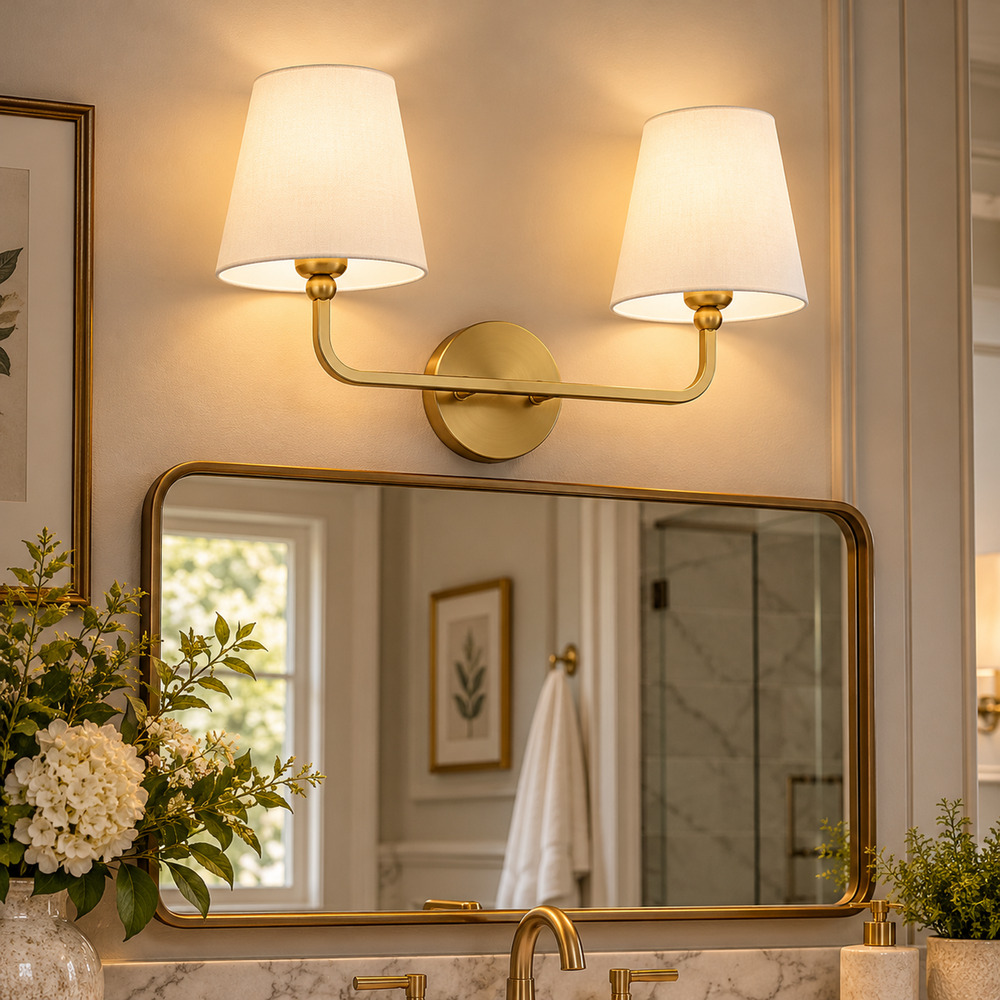 2-Light Brushed Gold Vanity Light – Flared White Fabric Shades, Modern Sconce